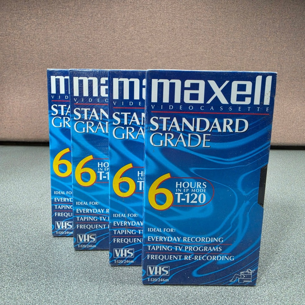 Maxell VHS Tapes 4 Pack Blue New Standard Grade T-120 6 Hour Blank Media Lot